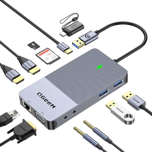 QGeeM USB 3.0 Docking Station, Triple Screen USB Hub, Dual Monitor, USB C 11-1 Docking Station with 2 HDMI, VGA, PD3.0, SD TF Card Slot, USB C Docking Station, Compatible with