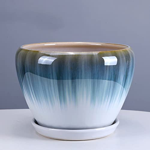 WDSOPK Übertopf mit Abflussloch, Untertasse, modern, rund, dekorativ, handbedruckt, Farbiger Keramik-Blumentopf für den Innenbereich, Heimdekoration,Green-14.5CM