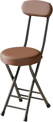 Tragbarer Klapphocker mit Rückenlehne, 45,7 cm Höhe, Leder, gepolsterter Sitz, rund, faltbares Design, ideal für den Innen- und Außenbereich, Camping, Küche, Café, Braun