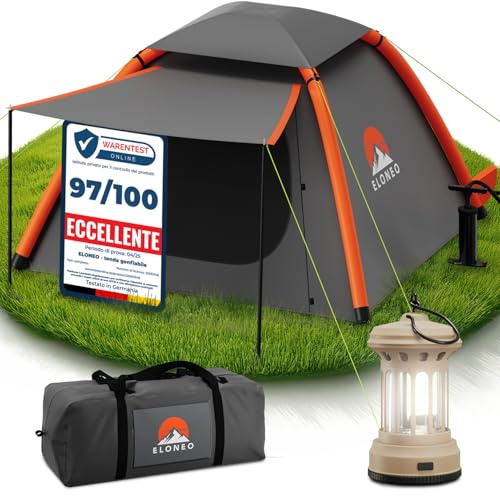 ELONEO aufblasbares Zelt für 1-3 Personen mit Vordach & Luftpumpe, Camping Zelt wasserdicht, Luftzelt Ultraleicht, Inflatable Tent, Glamping Zelt mit gratis LED Licht