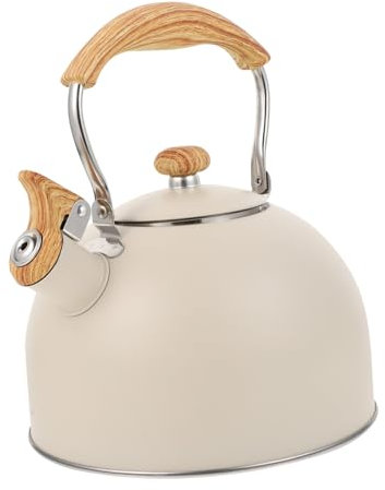 HOLIDYOYO Wasserkessel Beige Mit Holzgriff Für Teezubereitung Antiker Edelstahlkessel Flacher Boden Automatischer Pfeifmechanismus Vielseitig Einsetzbar Für Zuhause Und Büro