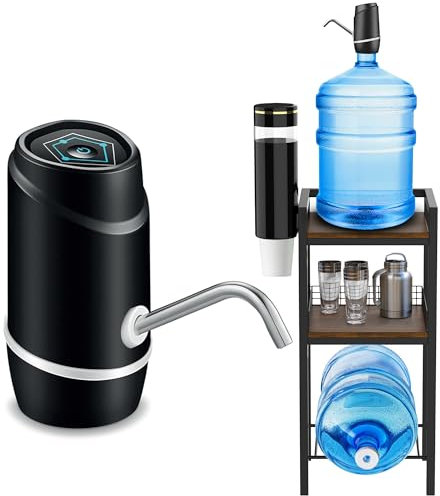 5 Gallon Water Dispenser Stand with Built-in Cup Holder and Electric Pump Included– Heavy Duty Water Jug Holder, Storage Shelf, Second Jug Space – Adjustable Height, Lightweight & Durable