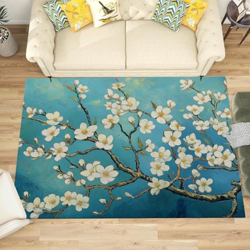 CEDNXOER Blue Area Rugs for Living Room, 180x270cm Machine Washable Soft Short Pile Apricot Blossom Flowers Rug for Bedroom Kitchen, Plants Trees Print Stain Resistant Carpet for Home Decor Office