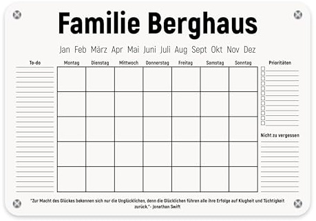 LAUBLUST Personalisierter Acrylglas Wandkalender - A2, A3, A4 - Weiß | Familienplaner mit Familienname & Wunschtext - Wochenplaner & Monatsplaner als Familienkalender | Jahresplaner abwischbar
