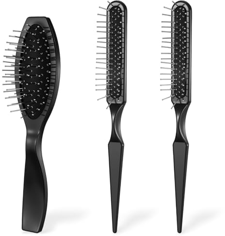 Lot de 3 brosses à perruque professionnelles - 1 brosse à extensions et 2 brosses à crêper pour cheveux artificiels - En acier inoxydable - Pour démêler les perruques et les extensions de cheveux