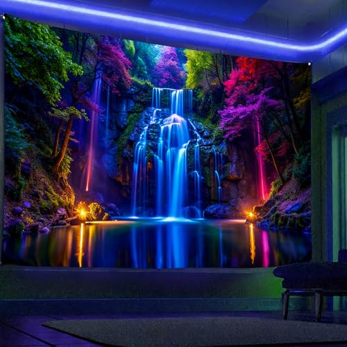 Miytal Schwarzlicht-Wasserfall-Wandteppich, UV-reaktiv, leuchtet im Dunkeln, Neon-Wald-Wandbehang, lebendige Naturlandschaft, Wunderland für Schlafzimmer, Wohnzimmer, Dekoration, 180 x 300 cm | UV-reaktives Neonlicht, lebendige ästhetische Naturlandschaft, Wandbehang für Wohnzimmer, Deckendekoration, 180 x 300 cm