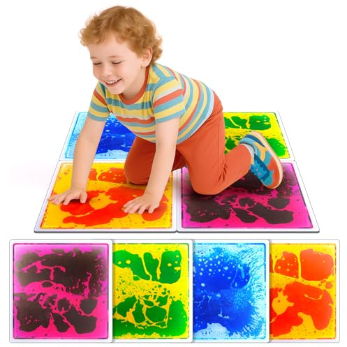 Sensory Floor Tiles for Kids Toddlers: 12x12 Liquid Sensory Mats Puzzle Pads, Colorful Autism Sensory Play Mat for Dancing Stepping Lava Tile Games, Daycare Sensory Room Preschool Must Have(4 Pack)