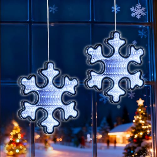 Quntis Weihnachtsdeko Fenster, 3D Schneeflocke Lichterkette Fensterdeko | 104 LED Weihnachten Fensterdeko mit Batterie Timer Haken, Weihnachtsbeleuchtung Innen Außen Tür Wand, Kaltweiß 2 Stück