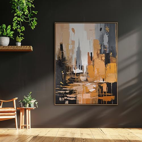 AUREDAS XXL Gemälde handgemalt - Skyscraper - 150x200cm groß, mit Schattenfugenrahmen Eiche Hell, für Wohnzimmer Schlafzimmer, Büro, ein hochformat Wandbild als Leinwandbild