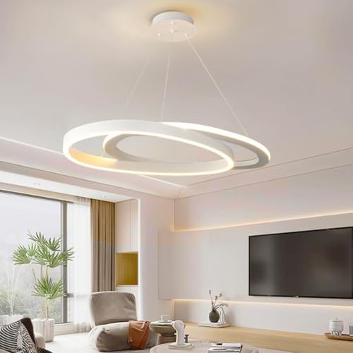 Msiocio Moderne LED Pendelleuchte, LED Deckenleuchte 3 Farben Ring Innen Aluminium Verstellbar höhenverstellbar, 60 + 80 + 100 cm Hängelampen, Für Wohnzimmer, Schlafzimmer, Küche (Weiß)