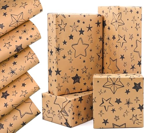 QRTDXP 5pcs Star Gift Wrap Paper Sheets, 50 * 70cm Large Kraft Wrapping Paper for Packing Christmas Birthday Party Presents