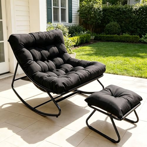 NomadNomics Schaukelstuhl Outdoor Wetterfester mit Gepolsterter,Schaukelsessel Wohnzimmer mit Hocker,XXL Loungesessel Outdoor bis 150kg,Stillsessel Bequem für Garten Balkon Terrasse