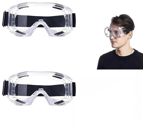 2 Gafas de Seguridad Protectoras Antivaho - Gafas de Protección Total con Lentes Transparentes Antisalpicaduras y Banda Ajustable para Trabajo, Bricolaje y Taller