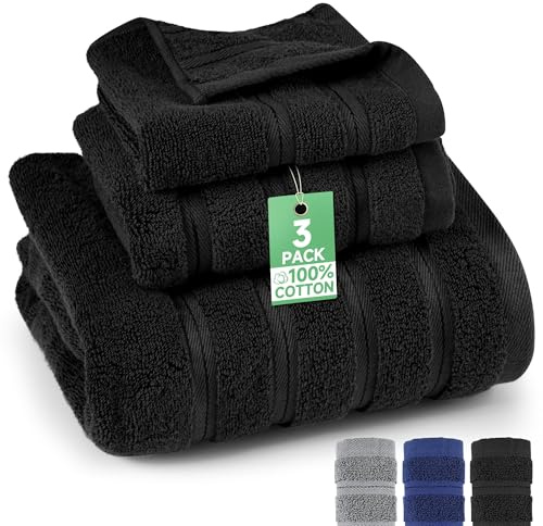 Aonext Handtuch Set Baumwolle – Frottee Duschhandtuch 70x140 + 35x75 Handtuch + 35x35 Gesichtshandtuch aus 100% Baumwolle, für Bad, Sauna & Gäste (Schwarz)