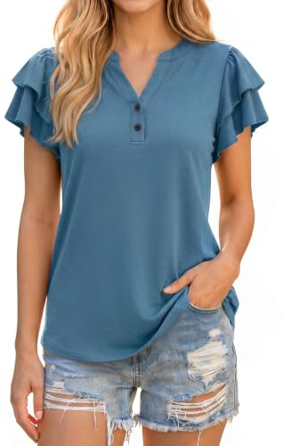 Enmain Blusa Mujer Verano Elegante Camiseta Casual con Volantes Manga Corta y Cuello V para Diario Azul Verdoso XL