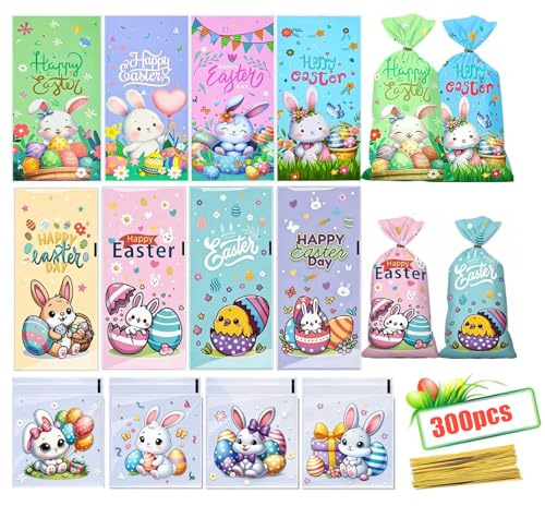 300 Stück Cellophantüten Ostern Mit 300 Bindedrähte - 12 Designs Geschenktüten Ostern, Plätzchen Tüten, Ostertüten Zum Befüllen, Osterkörbchen Für Süßigkeiten & Geschenke - Osternester Zum Befüllen