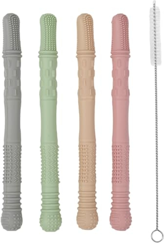 4 Stück Baby Beißring PP Silikon, frei mit Reinigungsbürste, hohle Kausticks zur Zahnungshilfe ab 3 Monaten, hypoallergen, einfache Reinigung, sichere Zahnpflege für Babys und Neugeborene