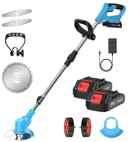 Akku Rasentrimmer 21V, Elektrischer Grasschneider Faltbar mit Teleskopstange, 380W, 7800 RPM, Schnittbreite 15cm, 20-50min Laufzeit, Leise, Kantenschneider für Garten Rasen Hof Unkraut (2 Batterien)