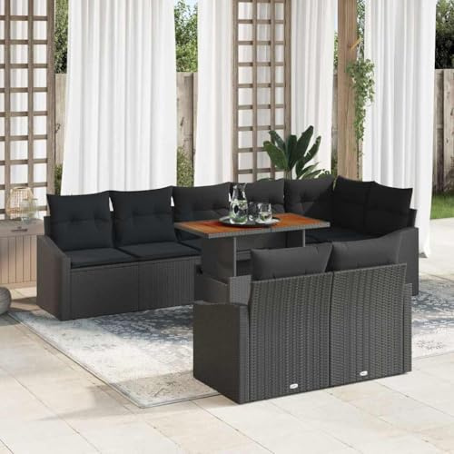 HGFDCBK Set di divani da giardino modulari in polyrattan con vano portaoggetti, 9 pezzi, in nero e marrone, con cuscino, tavolo, tre posti centrali, quattro braccioli e posto angolare per terrazze e