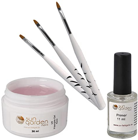 Sun Garden Nails Fiberglas Gel Rosa 30 ml inkl. Primer und 3 tlg. Pinselset Aufbaugel für Gelnägel zur Nagelverlängerung
