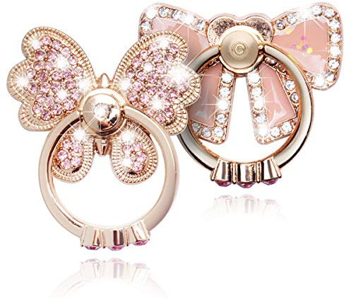 WATACHE Finger Ring Stand, 2 Pack Luxury Glitter Diamond Universal Metal Smartphone Finger Ring Grip Holder Kickstand for iPhone/iPad/Samsung/HTC/Nokia/Cellphones/Tablet-Shiny Butterfly+Bow Tie
