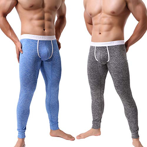 KAMUON Men’s Low Rise Pouch Underwear Pants Long Johns Thermal Bottoms Leggings (US S = Asian Tag M : Waist 28-30, 2 Pack-Black/Blue #2)