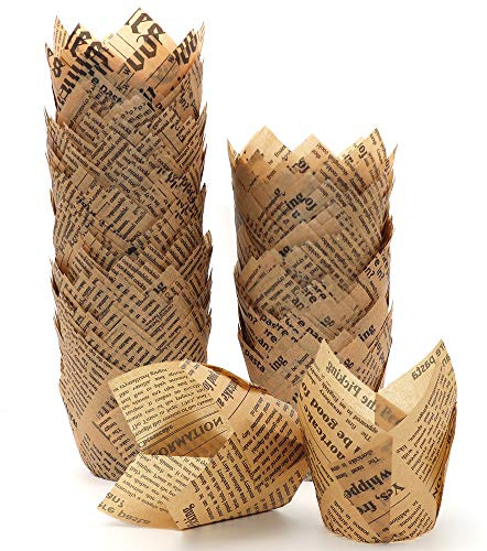 150pcs Tulip Cupcake Liners Baking Cups Muffin Liner Grease-Proof Paper Cupcake Wrappers for Wedding, Birthday Party, Standard Size (Natural Newspaper Printed)