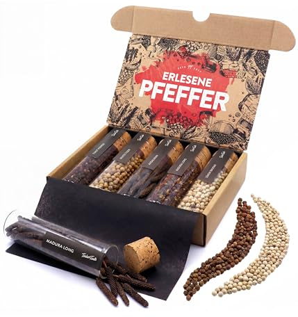 TIMBER TASTE® Pfeffer Geschenkset Premium - 5 Sorten Java Long Kubeben Weißer Pfeffer Timut Rauchpfeffer | Pfefferset Männergeschenke Feinkost | Gewürze Set Geschenkbox - Geschenke für Männer