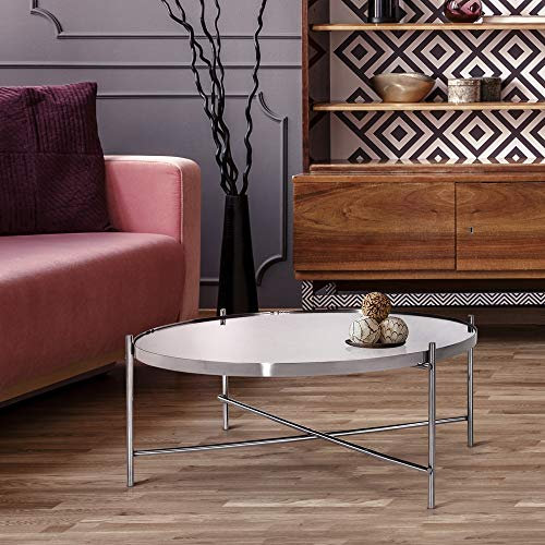 WOMO-DESIGN Mesa de Centro Redonda Ø75x35 cm Mesita de Café con Encimera de Cristal Insertada y Marco de Metal Color Cromado Mueble Auxiliar Elegante Moderno Decorativo para el Comedor