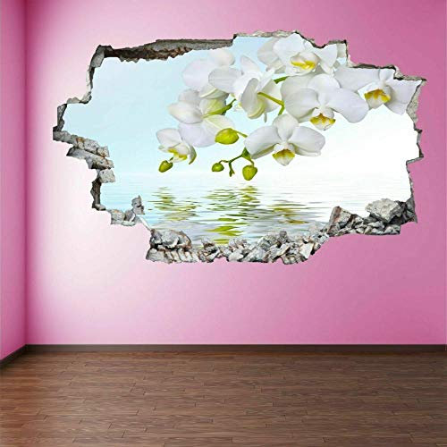 3D-Effekt Wandtattoo Aufkleber Durchbruch selbstklebendes Wandbild Wandsticker Stein Wanddurchbruch Wandaufkleber Tattoo,Weisse Orchidee 60x90cm