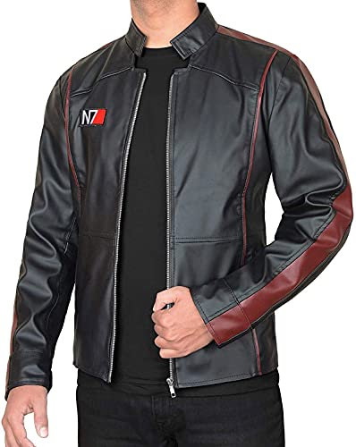 EU Fashions Herren N7 Mass Effect 3 Street Fighter Commander Shepard Gaming-Kostüm Schwarz Lederjacke Gr. M, Schwarz – N7 Schaffell Kunstleder Jacke