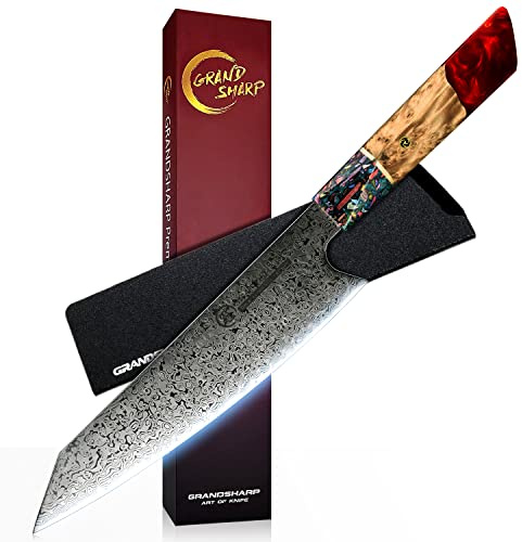 Grandsharp Kiritsuke Couteau de Cuisine Damas 20cm - Couteau de Chef Professionnel en Acier Japonais VG-10 67 Couches - Lame pour Légumes