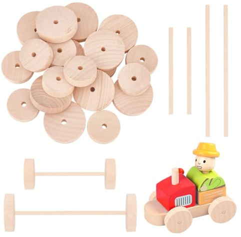 OLYCRAFT 20 Stück Holzräder und 20 Stück Holzstäbchen, 35mm/45mm | Ungefinkelte Holzräder mit Holzstäbchen, Holzbastelräder Reifen, mit 5mm Löchern, für DIY Modellautos Holzbastelprojekte