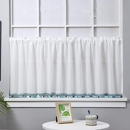 Yaland Scheibengardine Leinenoptik Gardinen Halbtransparent Weiss Vorhänge Stangedurchzug Stangedurchzug Bistrogardinen mit Blau Kugeln-Kante (BXH 140x60cm) 1 Stück