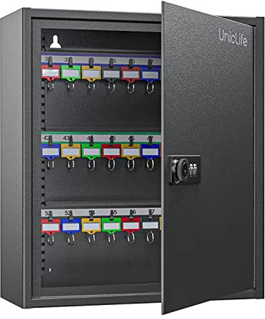 Uniclife 60 Position Key Cabinet with Combination and Key Lock Resettable Black Digital Security Storage Box Key Organizer with Adjustable Racks Colorful Key Tag Labels and Hooks