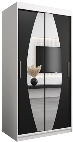 MEBLE KRYSPOL Elypse 100 Schlafzimmerschrank mit Zwei Schiebetüren, Spiegel, Kleiderstange und Regalen – 100x200x62cm - Mattweiß + Mattschwarz