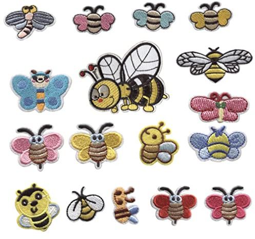 Ulricar Aufnäher mit niedlichem Bienen-Cartoon-Tiermotiv, zum Aufbügeln/Aufnähen, Bastelflicken für Kleidung, Kindermützen, Jacken, Hemden, 17 Stück