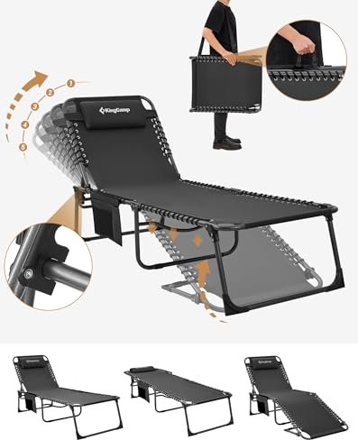 KingCamp Sonnenliege Klappbar 5-Verstellbarer Rückenlehne Gartenliege klappbar Liegestuhl Strandliege Campingliege Klappbett mit Kopfkissen für Strand Garten Terrasse Pool Camping Outdoor Indoor