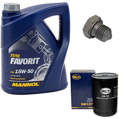 Motoröl Set Favorit 15W-50 API SL CF CF-4 5 Liter + Ölfilter SM107 + Ölablassschraube 03272