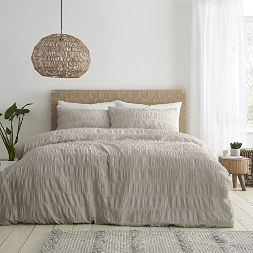 Catherine Lansfield Parure de lit King Size en Seersucker avec Housse de Couette et taies d'oreiller Naturel