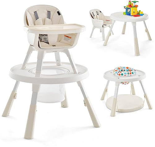 DREAMADE 6 in 1 Kinderhochstuhl mit Tisch, Höhenverstellbar Babystuhl mit abnehmbarem Esstablett & 5-Punkt Sicherheitsgurt, Multifunktionaler Hochstuhl ab 6 Monate, Belastbar bis 25 kg (Beige)