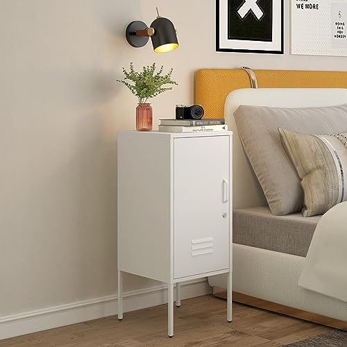 [en.casa] Table de Chevet Table de Nuit Commode Meuble de Rangement pour Chambre Salon Bureau Petit Armoire avec Compartiment de Rangement Acier 82 x 35 x 35 cm Blanc