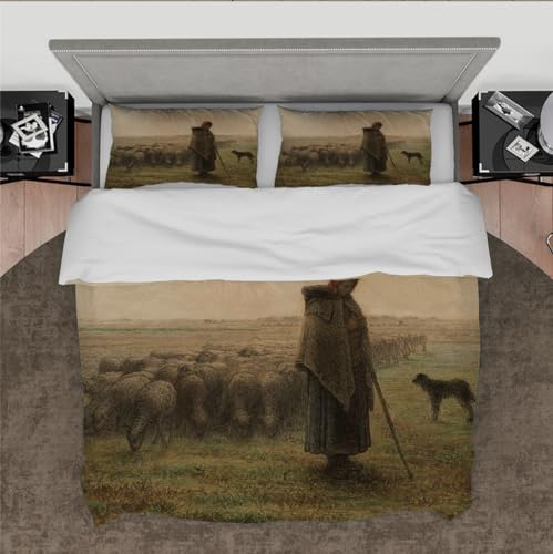 DINGSION Jean-Francois Millet Style Duvet Cover Set 3 Pieces Shepherdess with Her Flock Soft Bedding Set for Bedroom with 2 Pillow Shams 4 Ties Super king