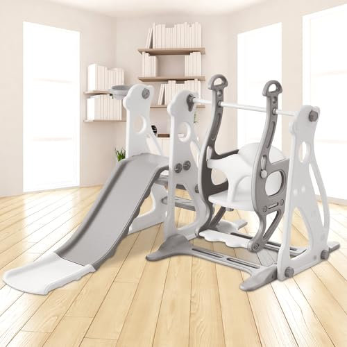 4 in 1 Kinderrutsche Indoor und Outdoor für ab 1 Jahr, Kinder Spielplatz mit Rutsche, Treppenhäuser, Schaukel und Basketballrahmen, Kleinkinderrutsche Babyrutsche Gartenrutsche (Grau)