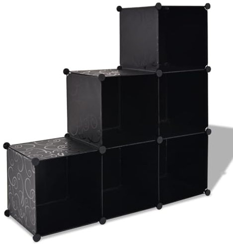 LAPOOH Regalsystem Würfel-Regal mit 6 Fächern Schwarz, Vitrine, Raumteiler Regal, Steckregal, Regalsystem, Stufenregal, Bücherregal, Schrank Regal