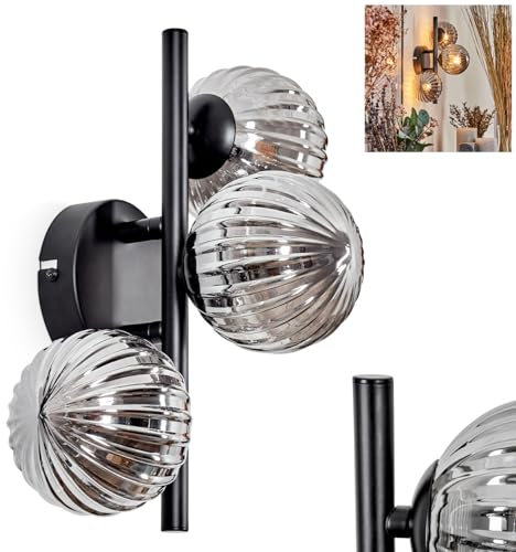 Wandleuchte Chehalis, Wandlampe aus Metall/Riffelglas in Schwarz/Rauchfarben, Leuchte im Retro/Vintage-Design mit Schirmen aus Glas (Ø 10 cm) u. An/-Auschalter am Gehäuse, 3 x G9, ohne Leuchtmittel