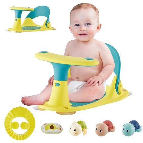 Baby Badewannensitz, Säuglingsbadesitz für Babys ab 6 Monaten, Baby-Badewannensitz mit Baby-Badethermometer/4 starken Saugnäpfen, rutschfest, kompakt und faltbar, Kleinkind-Badewannensitz (E)