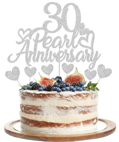 Gidobo 30th Pearl Anniversary Cake Toppers, Glittery Cake Decorations with Love Heart Pick for 30th Wedding Anniversary Party Supplies