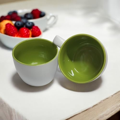 Set de 2 tazones desayuno 600ml Tazones De Sopa De Cerámica Taza De Café Grande, Tazas De Sopa Con Asa Apto Para Microondas Y Lavavajillas Para Cereal Postre Ensalada Té Leche de (blanco-verde)