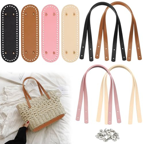 Forhandy 12 Stück Taschenboden Taschenhenkel Set | PU Taschengriffe Taschenboden Schultergurte Set mit Niet 30x10cm für Häkeltasche Stricktasche Umhängetasche DIY Taschen